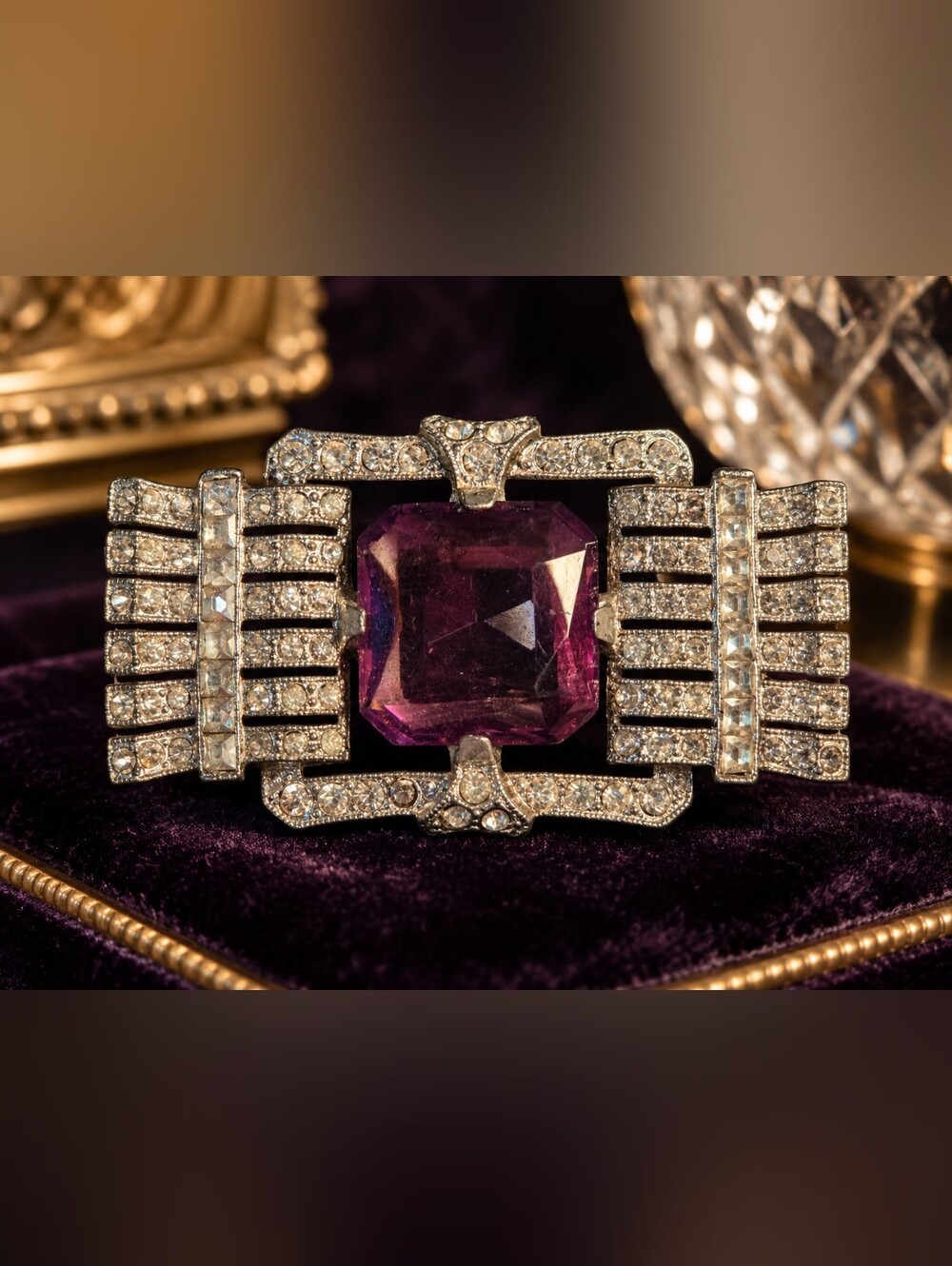 Antique 1930s Art Deco Amethyst Purple Rhinestone Brooch Statement Pin